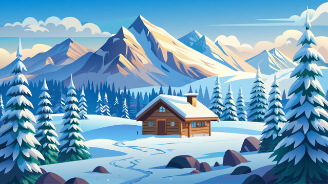 A peaceful snowy peak with pine trees dusted in snow and a wooden cabin in the distance.