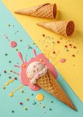 Melting ice cream cone on colorful background
