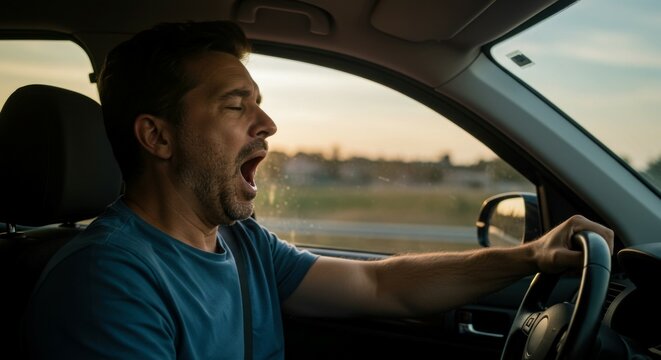 Fatigued person driving while yawning, showing signs of drowsiness in a clean, modern car