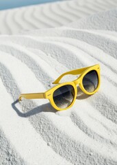 Bright yellow sunglasses on white sand surface
