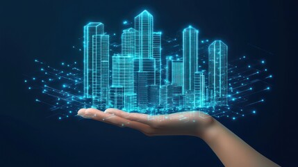 Hand holding digital city model, futuristic background, urban planning