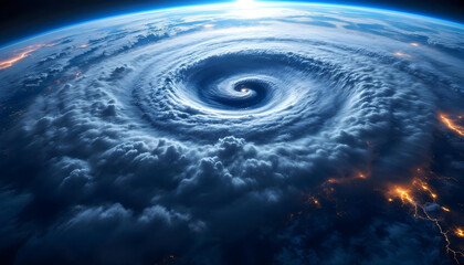 Massive spiral hurricane from space, Earth's atmosphere, swirling cloud formations, blue planet, curvature of Earth