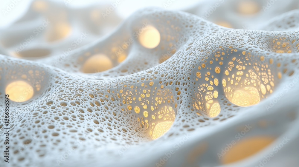 Aufkleber Exploration of intricate white structure with luminous openings showing organic forms and soft, flowing shapes illuminated in a calm ambient light