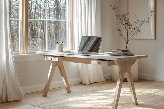 White minimal desk with centered laptop, warm natural light from left, clear surface, neutral palette, peaceful workspace scene