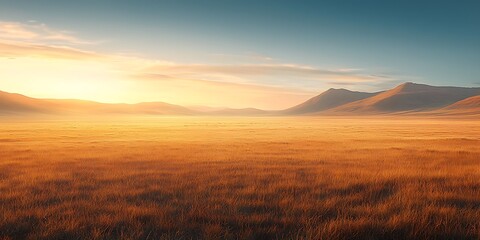 Wind-swept grass plains stretching to distant hills, under golden sunset glow, with layered depth and soft motion blur
