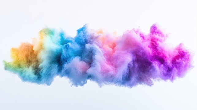 A vibrant cloud of rainbow-colored cotton candy fills the image. Its texture is fluffy and airy, with colors smoothly blending from orange to purple. The background is a simple, bright white, allowin