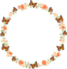 Guirlanda borboleta monarca e rosas