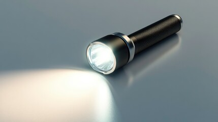 Compact Electric Flashlight. Portable Pocket Torch Illuminating with Bright Shine on Clean White Background