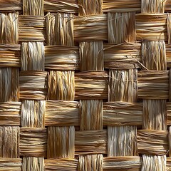 Woven straw mat in sunlight, intricate fibers and organic patterns highlighted with shadows, top-down view for natural texture detail