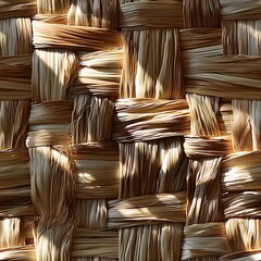 Woven straw mat in sunlight, intricate fibers and organic patterns highlighted with shadows, top-down view for natural texture detail