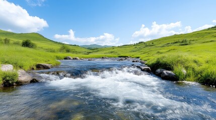 A fast-flowing stream cascades over rocks, its clear water reflecting the bright sky. Lush green hills and a vibrant blue sky form the backdrop. The image is high-resolution, showcasing detail. The s
