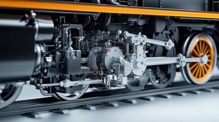 Fototapeta premium Steam Locomotive Engine Closeup, Railway Tracks, Industrial Design, 3D Render, Mechanical Parts