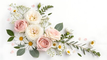 A beautiful floral corner illustration features soft pink roses, white daisies, baby's breath, and lush green foliage.