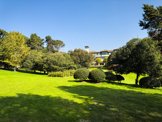 Tranquil Park Landscape with Lush Greenery and Elegant Architecture