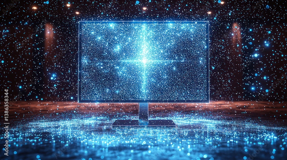 Poster digital cosmos: a mesmerizing display of data visualization on a computer screen, illuminated by vib