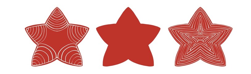 Trio of stylized red star shapes featuring bold, hand-drawn line patterns and a solid silhouette, perfect for abstract design projects, prints, and festive decorations