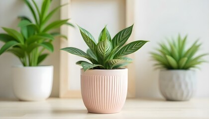 Obraz premium A still life photograph features a collection of potted plants arranged on a light wooden surface
