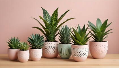 Fototapeta premium A still life photograph features a collection of potted plants arranged on a light wooden surface