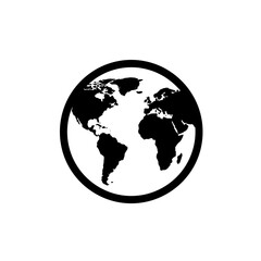 Global Icon: A minimalist representation of the Earth. The simple black and white design highlights the continents and oceans. Perfect for symbolizing global concepts and ideas.
