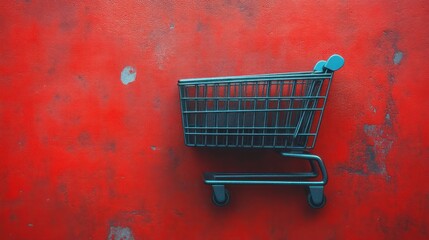 Shopping Cart on Vibrant Red Background Minimalist Design for Retail Marketing and Consumeri