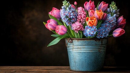 Fototapeta premium Spring tulips hyacinths bouquet rustic bucket dark background greeting card