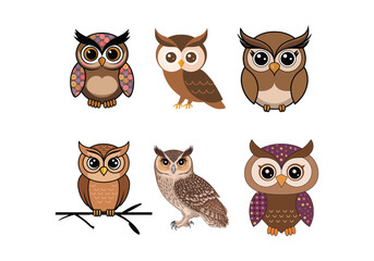 Set of cute and colorful owl illustrations with different expressions and poses.