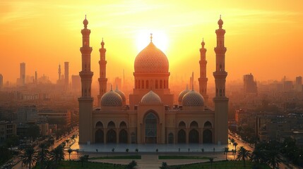 Golden Mosque Sunset Panorama: A Breathtaking View of Islamic Architecture at Dawn
