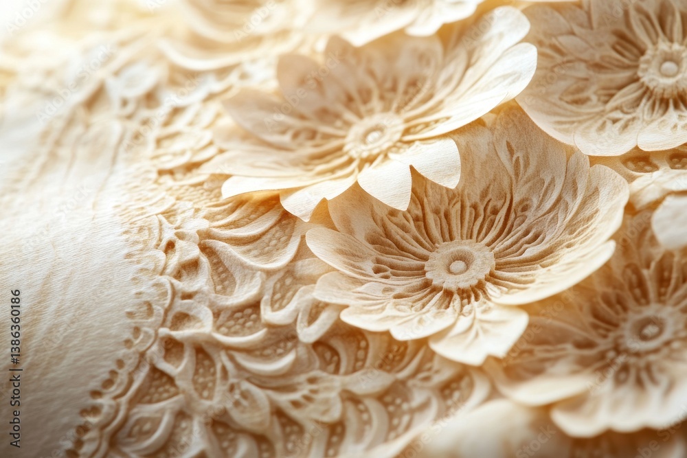 Poster intricate floral designs create a textured backdrop in soft cream, showcasing elegance and craftsman
