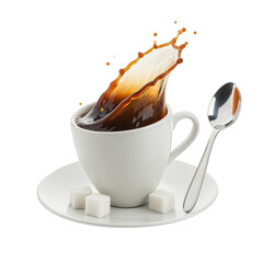 Coffee Splashing in White Cup with Sugar Cubes.