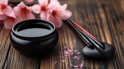 Traditional Calligraphy Setup with Ink Brushes and Cherry Blossoms