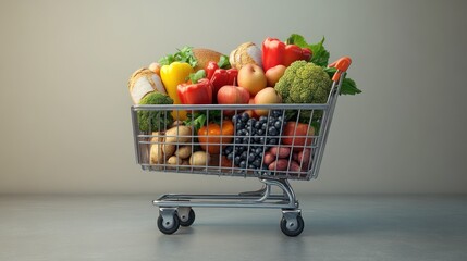 Shopping Cart Overflowing with Fresh Produce and Baked Goods Healthy Eating Concept Grocery S