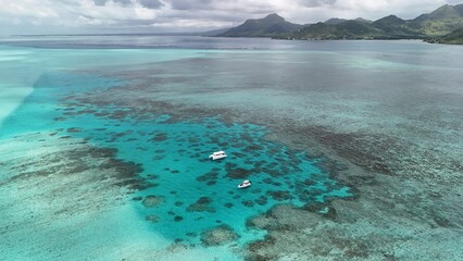 Aerial view of the lagoon formed by coral reefs in Mauritius Island, Indian Ocean, Africa