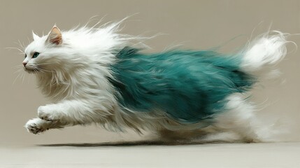 Dynamic White and Teal Cat in Motion: A Stunning Photographic Study