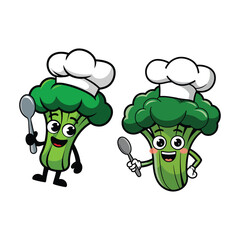 Cartoon broccoli chefs with spoons, dressed in chef hats, ready to cook in the kitchen.