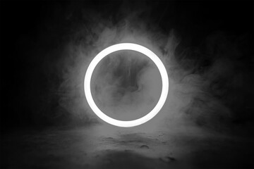 smoke white and black color geometric circle on a dark background. Round mystical portal