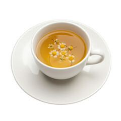 Chamomile tea with delicate flowers in a white teacup.