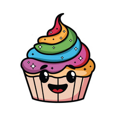 Cute cartoon rainbow cupcake with a smiling face, colorful frosting, and sparkly decorations.