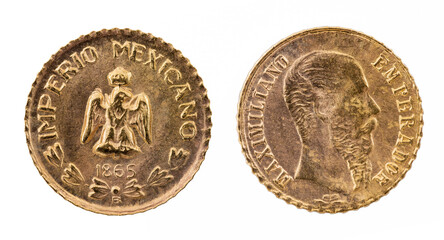 A detailed view of a 1865 Mexican coin showcasing the eagle emblem on one side and a portrait of Emperor Maximilian on the opposite. This artifact represents an important era in Mexican history.