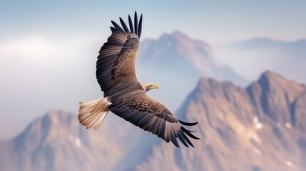 Fototapeta premium Majestic eagle soaring above majestic mountains. A powerful bird in flight against a backdrop of towering peaks. Soft light and colors create a tranquil and inspiring scene
