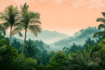 Palm tree jungle in morning landscape green background.