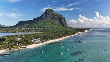 Aerial view of Le Morne Peninsula and sea lagoon formed by coral reefs, Mauritius Island, Africa, Indian Ocean	