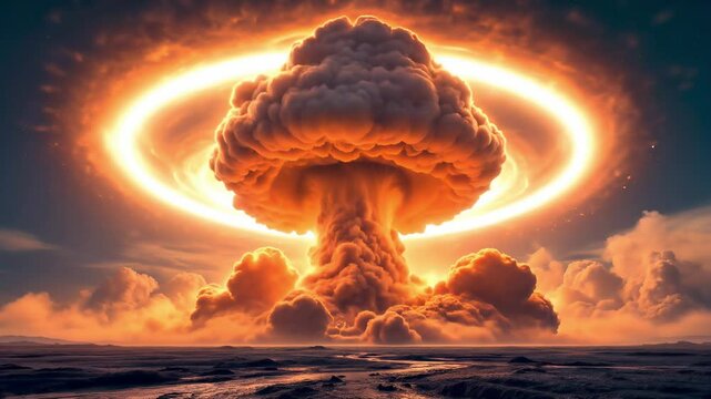 Nuclear explosion animation with massive mushroom cloud rising. Fiery atomic bomb detonation sending out a powerful shockwave ring video.