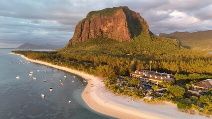 Aerial view of Le Morne Peninsula and sea lagoon formed by coral reefs, Mauritius Island, Africa, Indian Ocean  © Tales