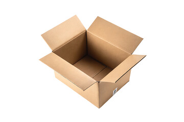 Open brown cardboard carton, an empty packaging container isolated on white.