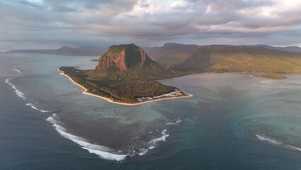 Aerial view of Le Morne Peninsula and sea lagoon formed by coral reefs, Mauritius Island, Africa, Indian Ocean	