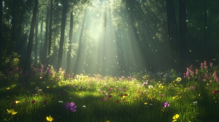 Obraz premium Sunlit meadow in a vibrant forest. Lush wildflowers carpet a glade, bathed in the golden light filtering through the trees