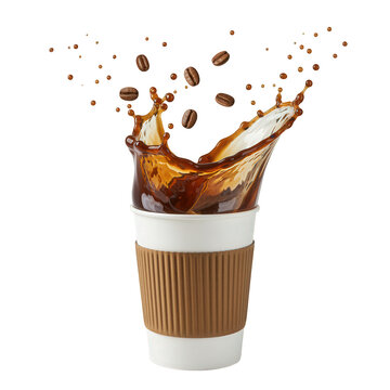 Coffee splashing from paper cup with coffee beans.