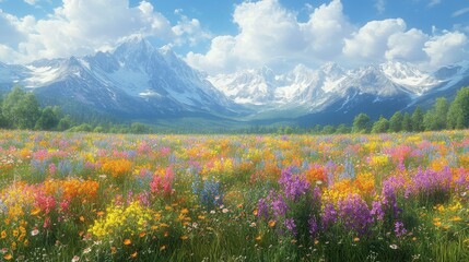 Obraz premium Colorful wildflowers meadow, snow-capped mountains, sunny day, scenic landscape, travel poster