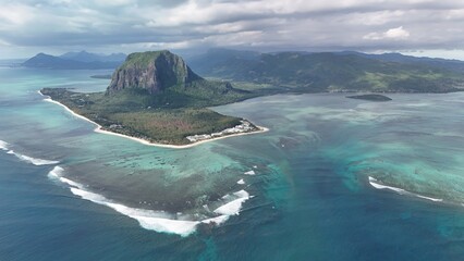 Aerial view of Le Morne Peninsula and sea lagoon formed by coral reefs, Mauritius Island, Africa, Indian Ocean	