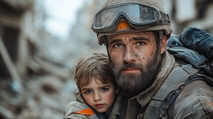 Fototapeta premium Survival in the Dust A Resilient Guardian and Child Amidst Ruins